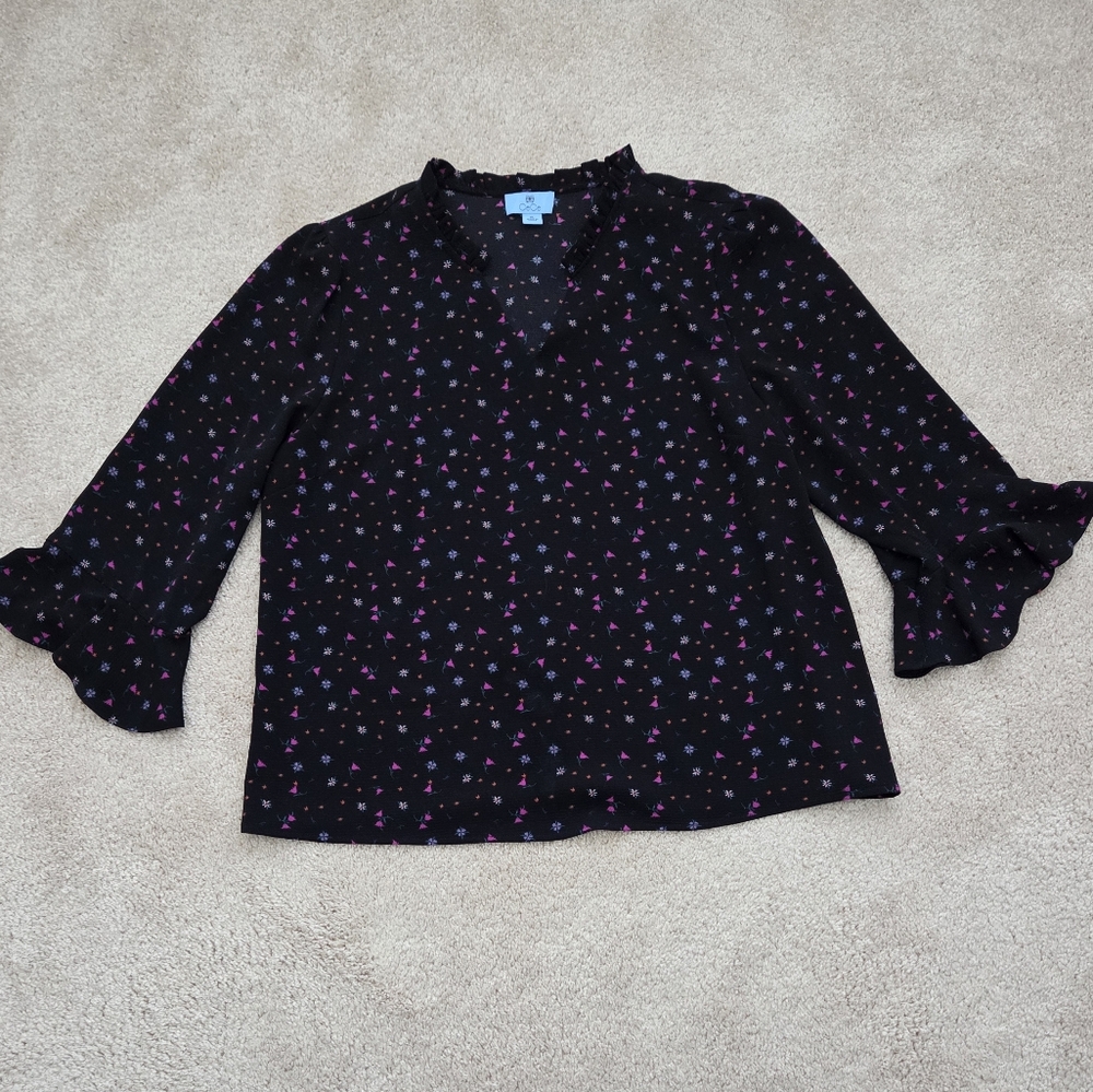 CeCe Black Top with Pink and Blue Floral Design